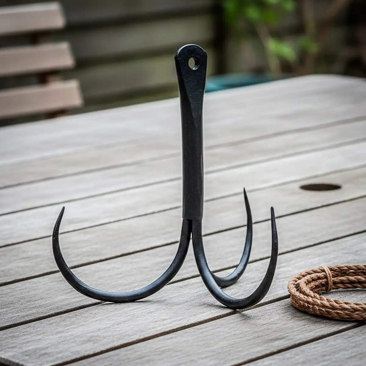 Hand-Forged Iron Grappling Hook - 3-Prong Medieval Nautical Anchor