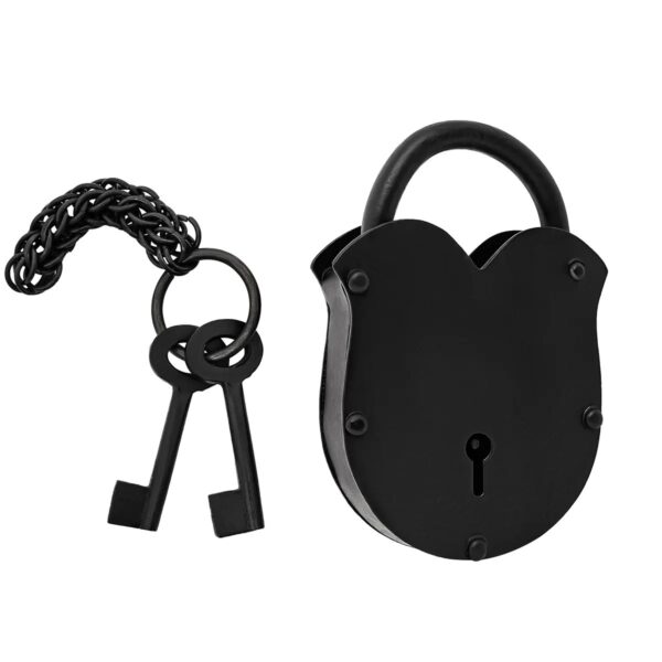 Hand-Forged Iron Medieval Padlock with Chainmail Ring & Keys