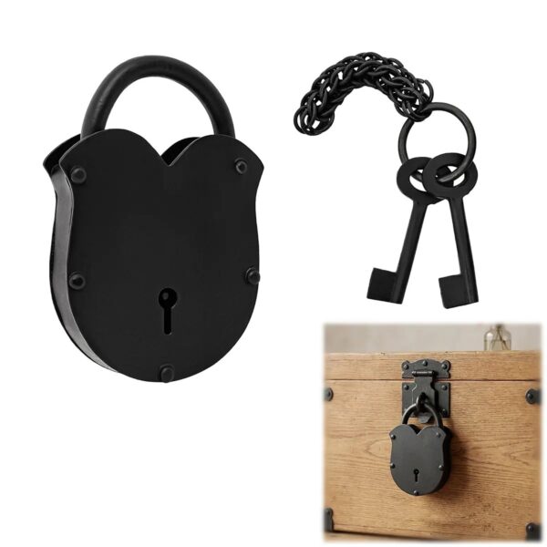 Hand-Forged Iron Medieval Padlock with Chainmail Ring & Keys