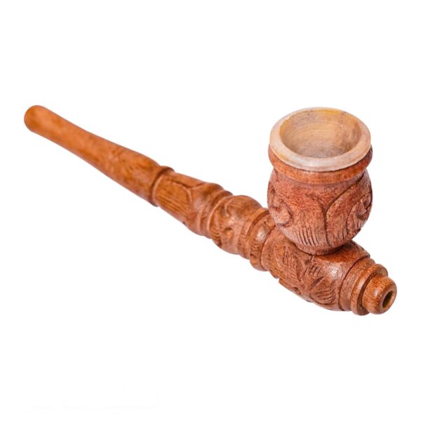 Medieval Carved Acacia Smoking Pipe with Clay Bowl
