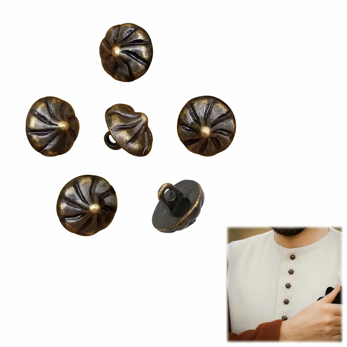 Medieval Conical Brass Buttons: Set of 6 Fasteners