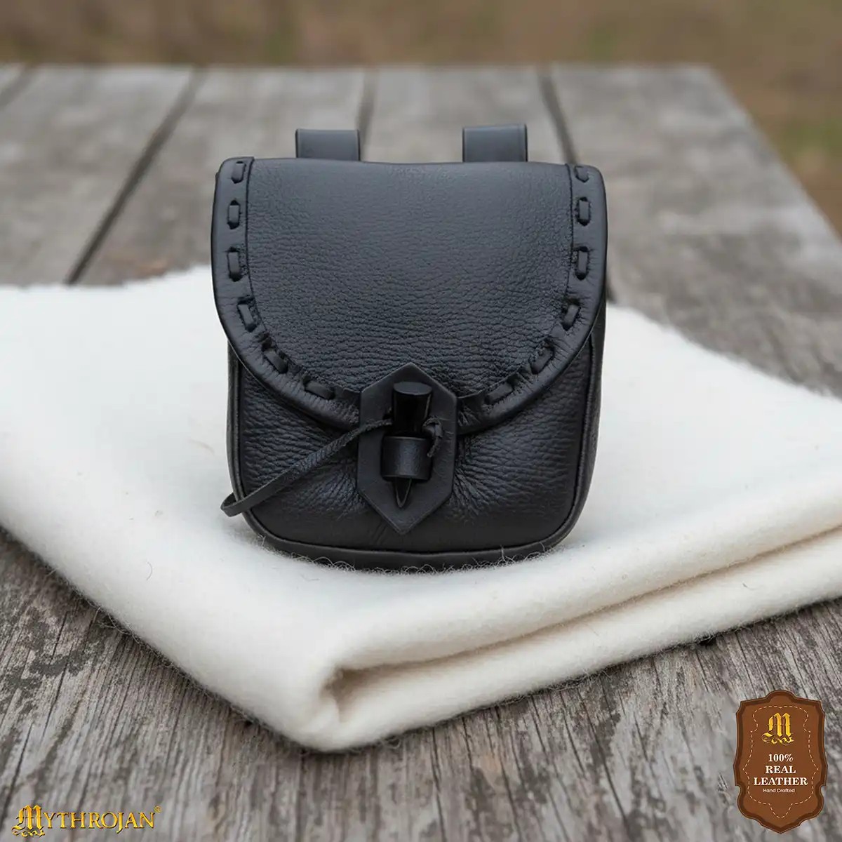 Medieval Leather Belt Pouch with Ox Horn Toggle