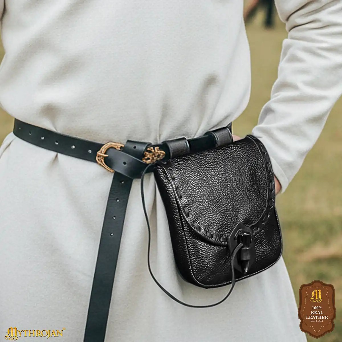 Medieval Leather Belt Pouch with Ox Horn Toggle