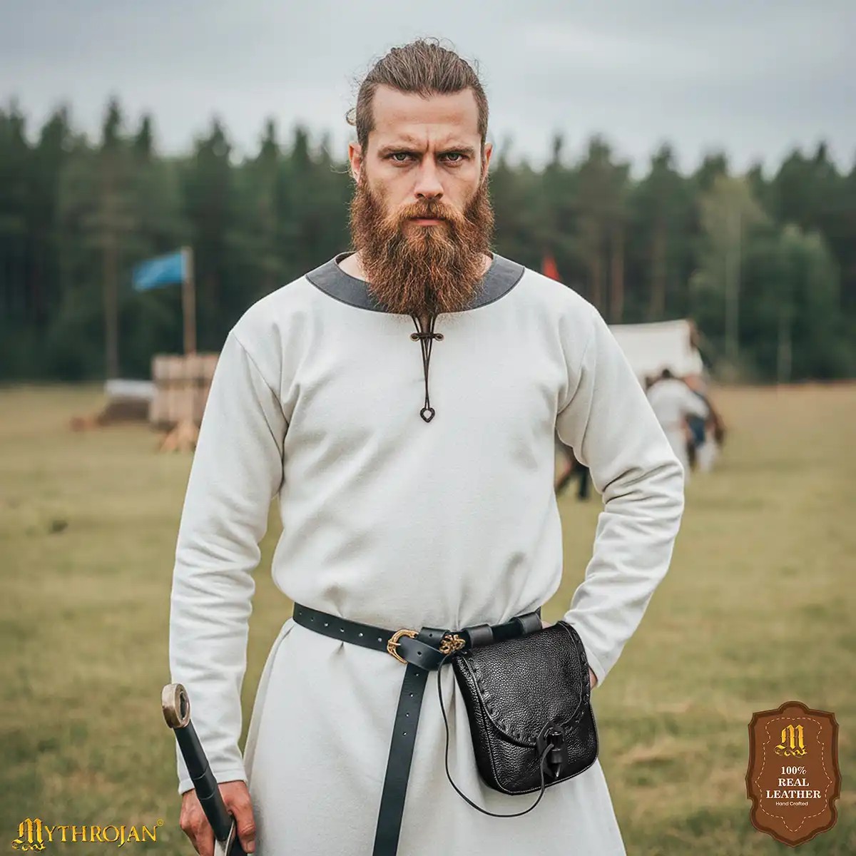 Medieval Leather Belt Pouch with Ox Horn Toggle