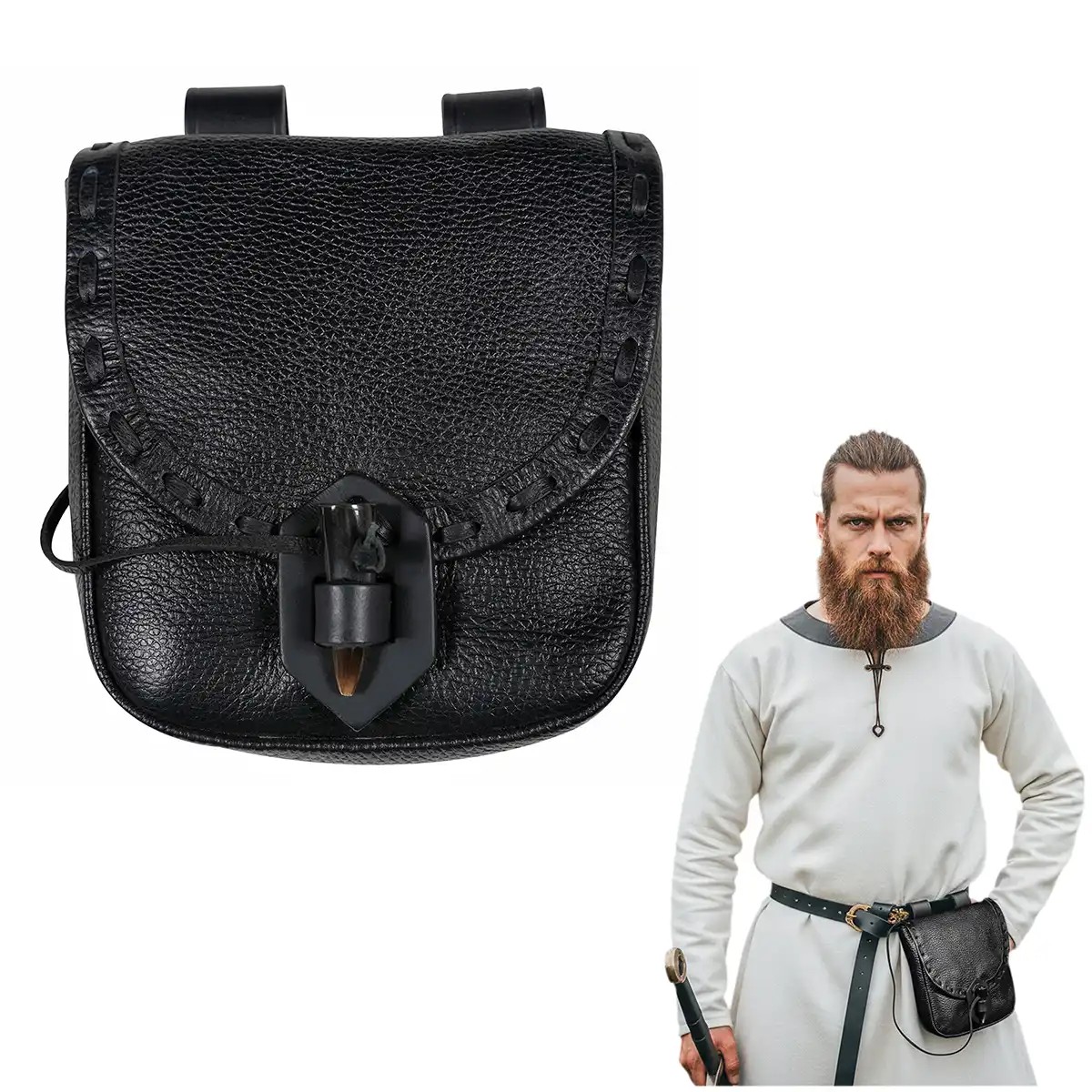 Medieval Leather Belt Pouch with Ox Horn Toggle