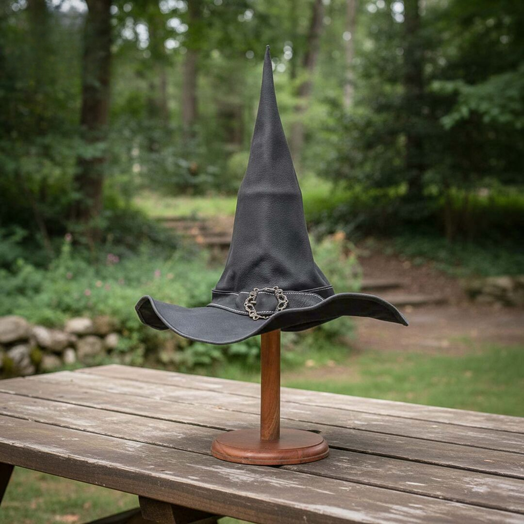 Handcrafted Leather Wizard Hat with Brass Buckle - Image 6