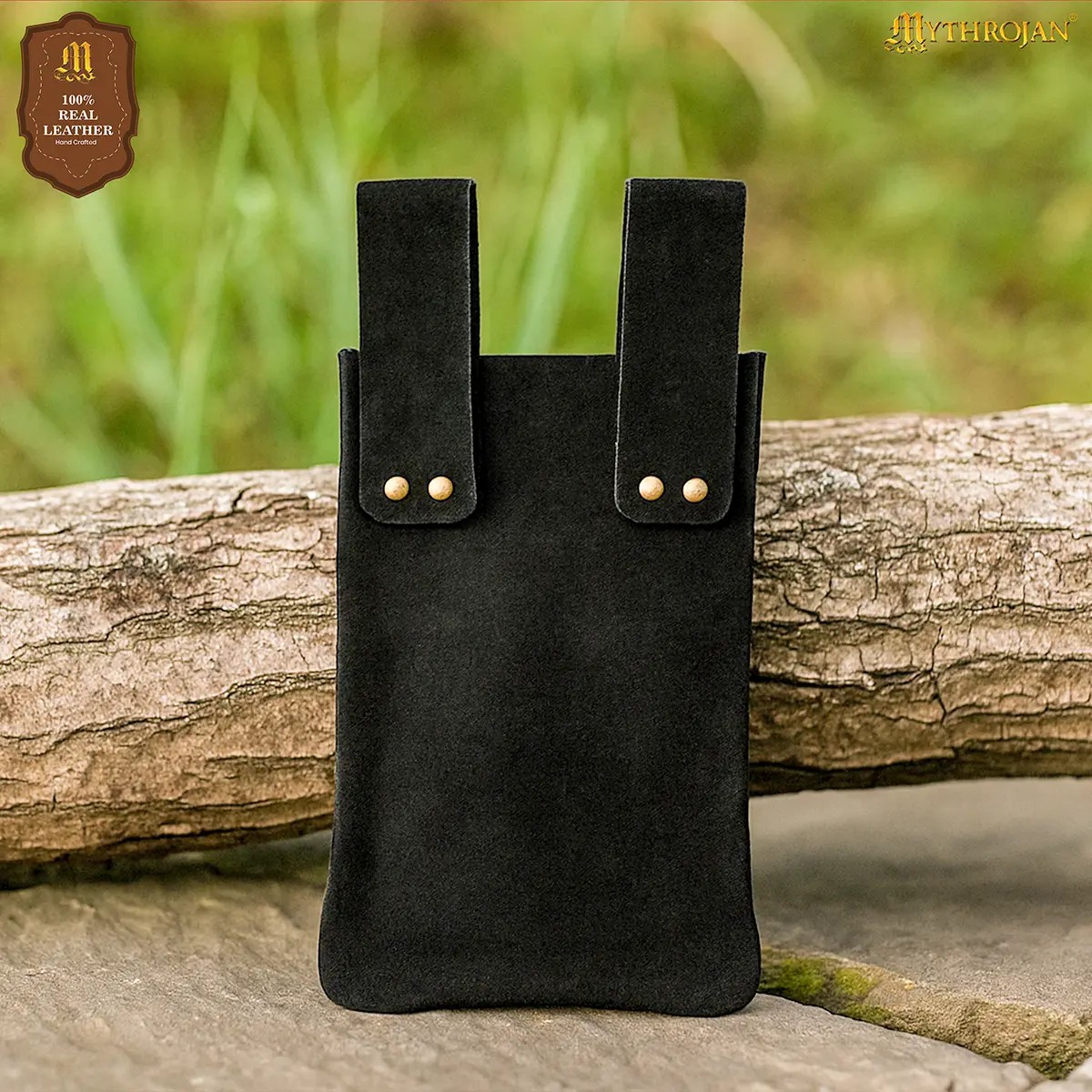 Medieval Suede Leather Belt Pouch with Brass Button