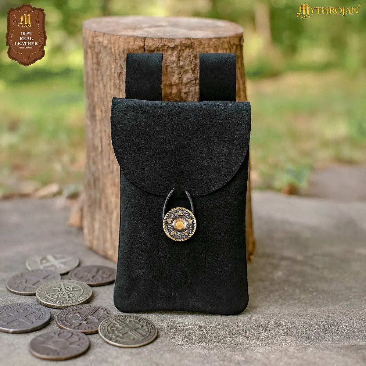 Medieval Suede Leather Belt Pouch with Brass Button