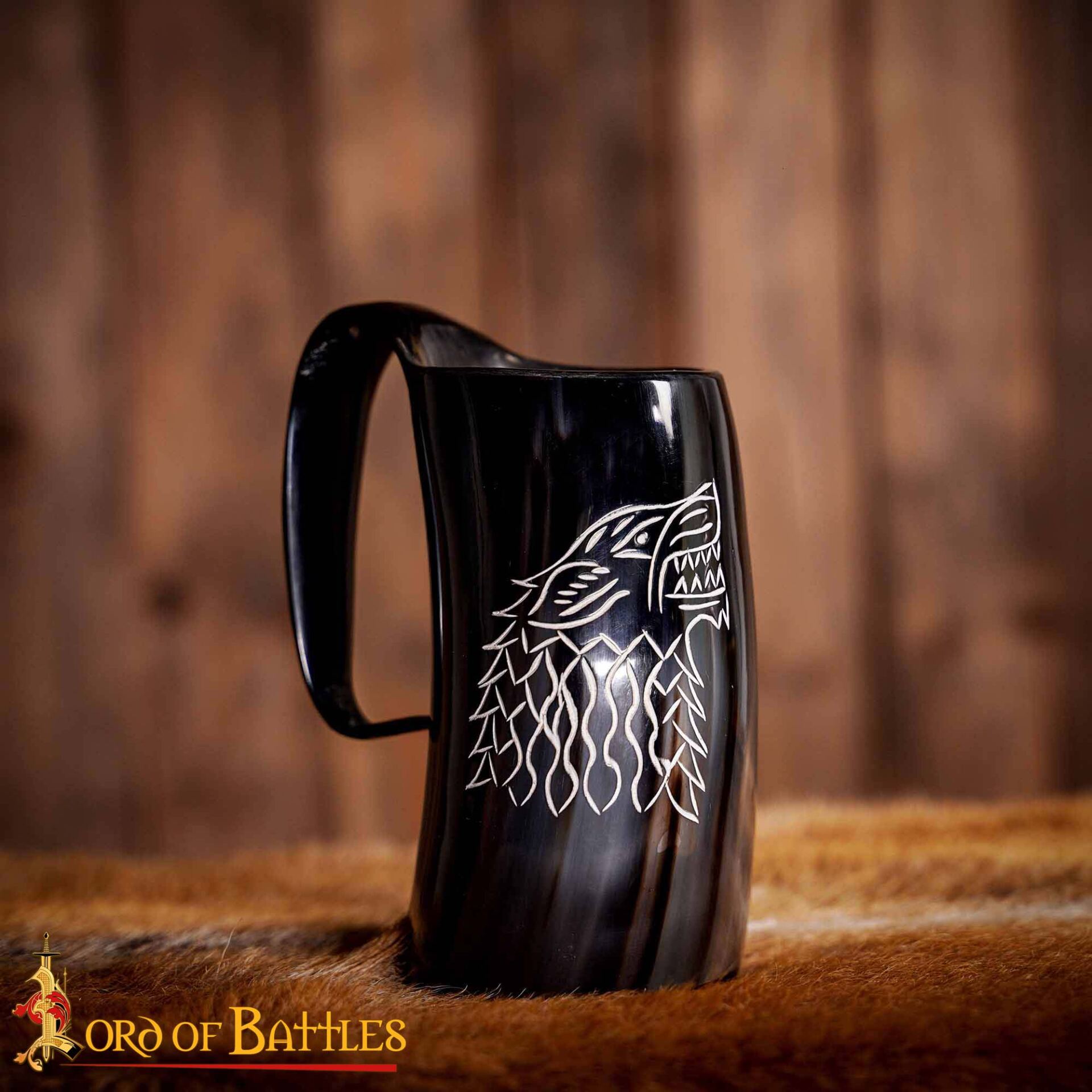 Engraved Dire Wolf Ox Horn Tankard | Viking Ale Vessel - Image 6