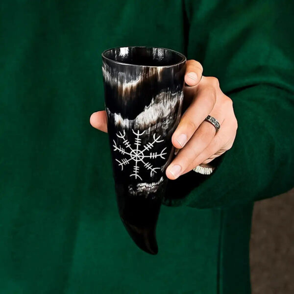 Norse Hand-Polished Ox Horn Drinking Vessel with Helm of Awe