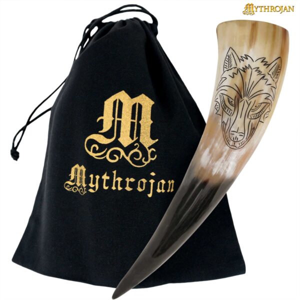 Norse Wolf Drinking Horn with Carrying Bag