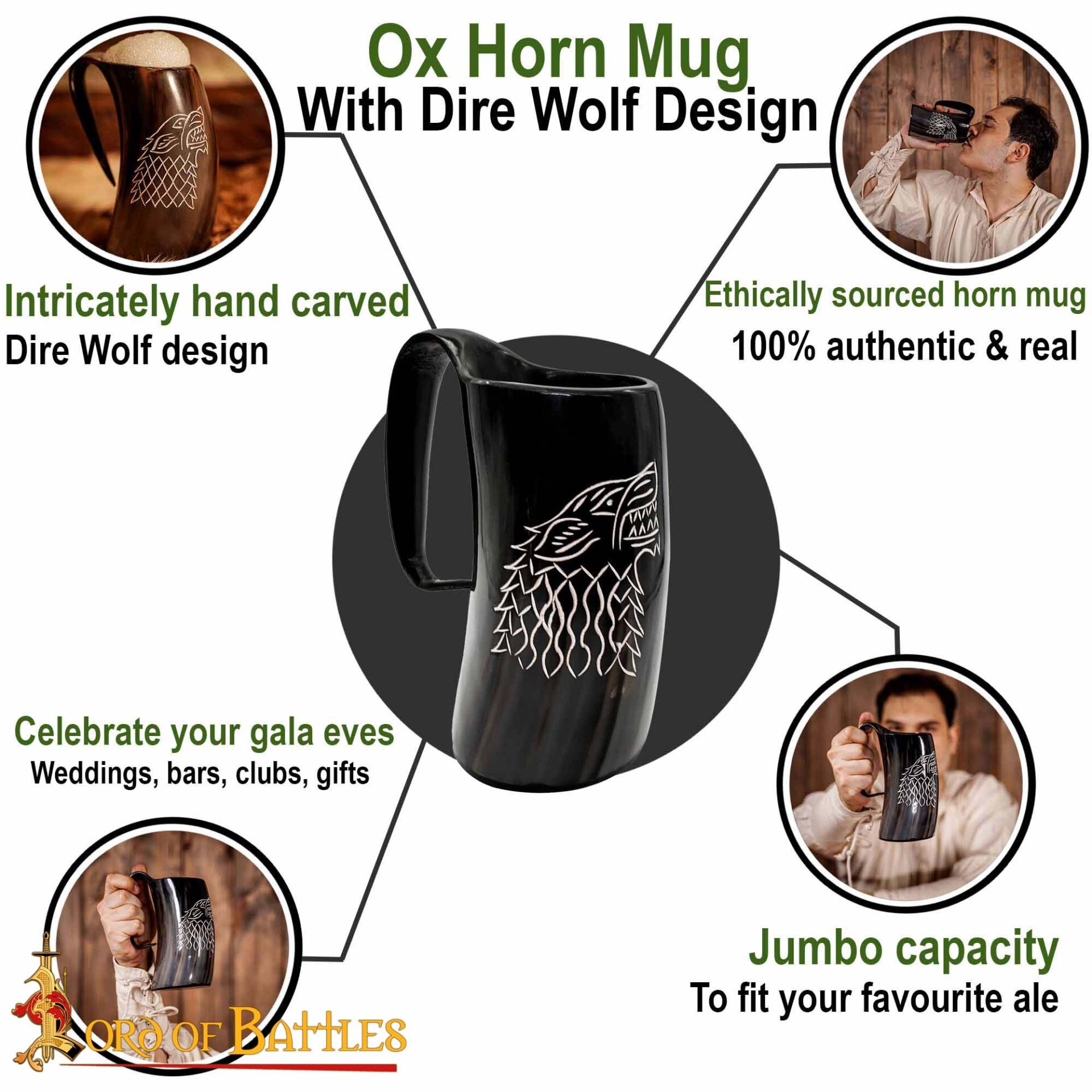 Engraved Dire Wolf Ox Horn Tankard | Viking Ale Vessel - Image 10