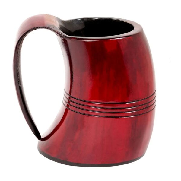 Viking Crimson Ox Horn Tankard, Handcrafted Norse Drinking Mug