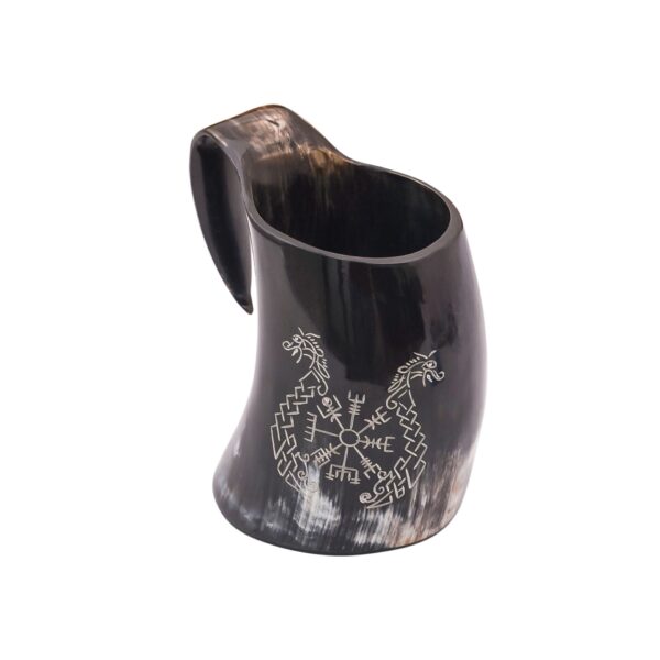 Viking Hand-Engraved Ox Horn Tankard with Vegvisir Motif