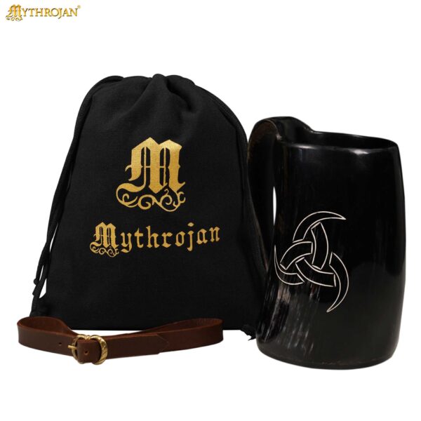 Viking Horn Drinking Tankard with Leather Belt Strap & Bag
