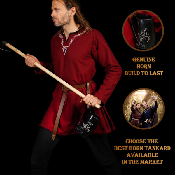 Viking Horn Drinking Tankard with Leather Belt Strap & Bag