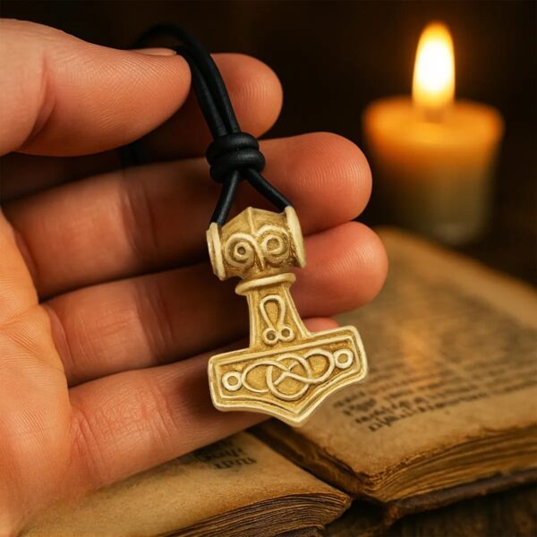 Viking Mjolnir Pendant in Solid Brass with Leather Cord