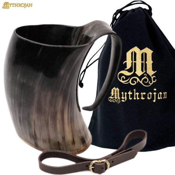 Viking Natural Horn Drinking Vessel with Leather Belt Holster