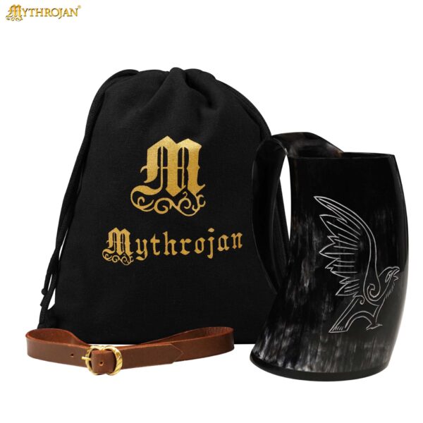 Viking Raven Ox Horn Drinking Tankard with Leather Holster