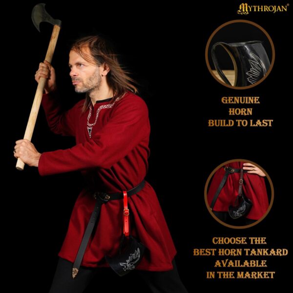 Viking Raven Ox Horn Drinking Tankard with Leather Holster