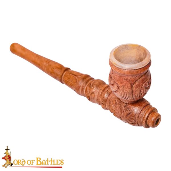 Medieval Carved Acacia Smoking Pipe with Clay Bowl