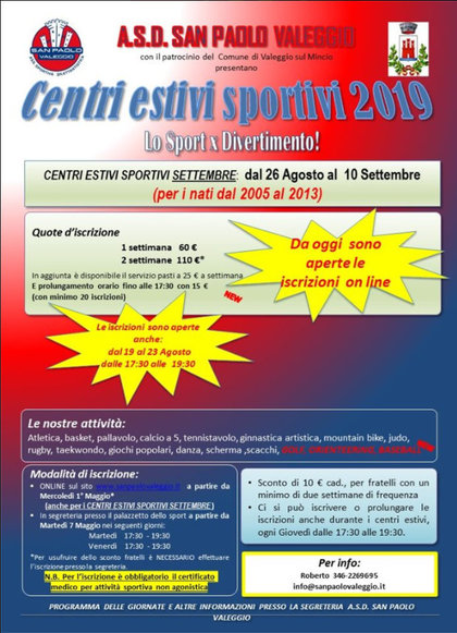Centri Estivi Sportivi Settembre 2019