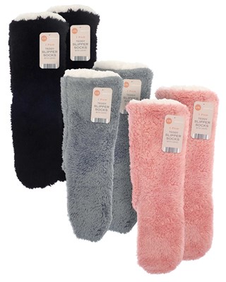 Teddy Fleece Design Sherpa Lined Slipper Socks with Grips - Assorted Colours
