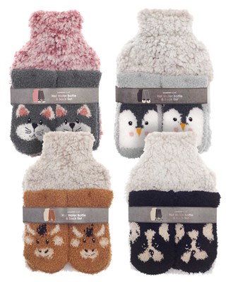 Hot Water Bottles with Novelty Cover and Socks Gift Set -  Assorted Designs