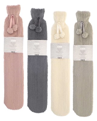 Long Hot Water Bottles with Luxury Plush Jacquard Stripe Cover- Assorted Colours