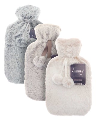 Hot Water Bottles with Luxury Tipped Faux Fur Cover - Assorted Colours