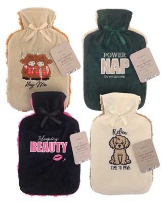 Hot Water Bottles with Plush Applique Sherpa reverse Cover - Assorted Designs
