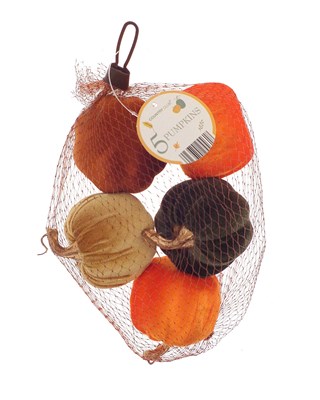 Pack of 5 Autumnal Design Decorative Velvet Pumpkins in Mesh Bag 7x6cm
