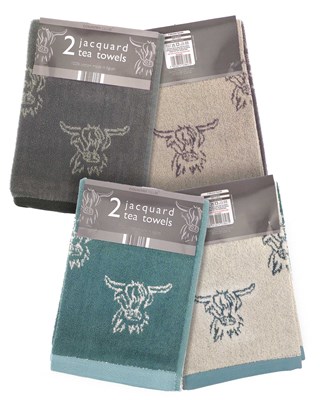 Highland Cow Jacquard Design 100% Cotton 2 Pack Tea Towels - Assorted Colours