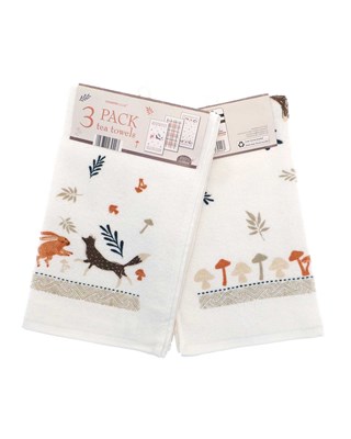 Woodland Creatures Design 100% Cotton 3 Pack Velour Tea Towels