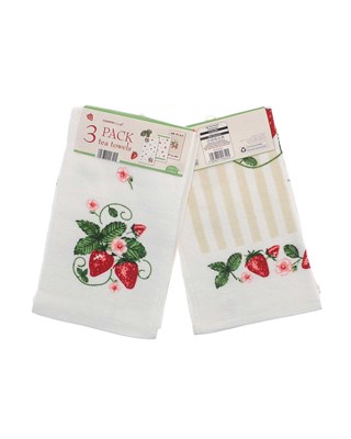 Strawberries Design 100% Cotton 3 Pack Velour Tea Towels
