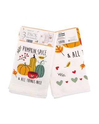Pumpkin Spice Autumnal Design 100% Cotton 3 Pack Velour Tea Towels