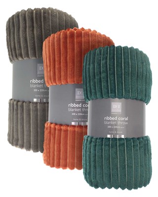 Ribbed Design Coral Blanket Throws 200x220cm - Assorted Autumnal Colours