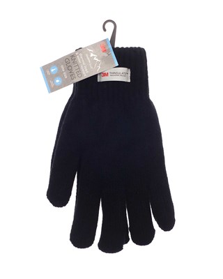 Thermal Lined Water Resistant Knitted Gloves - 3M Thinsulate - One Size - Black