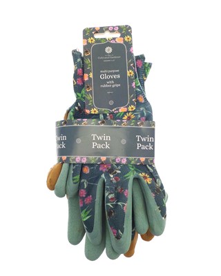Meadow Bee Design Gardening / Multi Purpose Gloves with Rubber Grips - Twin Pack