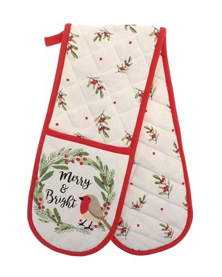 Merry and Bright Festive Robin Design Double Oven Gloves