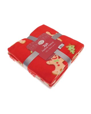 Pack of 2 Gingerbread Festive Design Fleece Throws 125x150cm