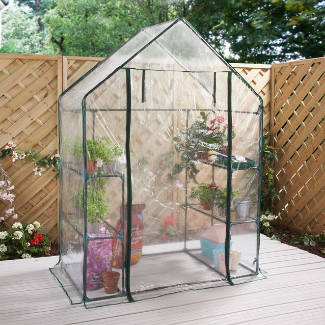 Walk In PVC Plastic Garden Greenhouse W/ 4 Shelves Walk In PVC Plastic Garden Greenhouse W/ 4 Shelves