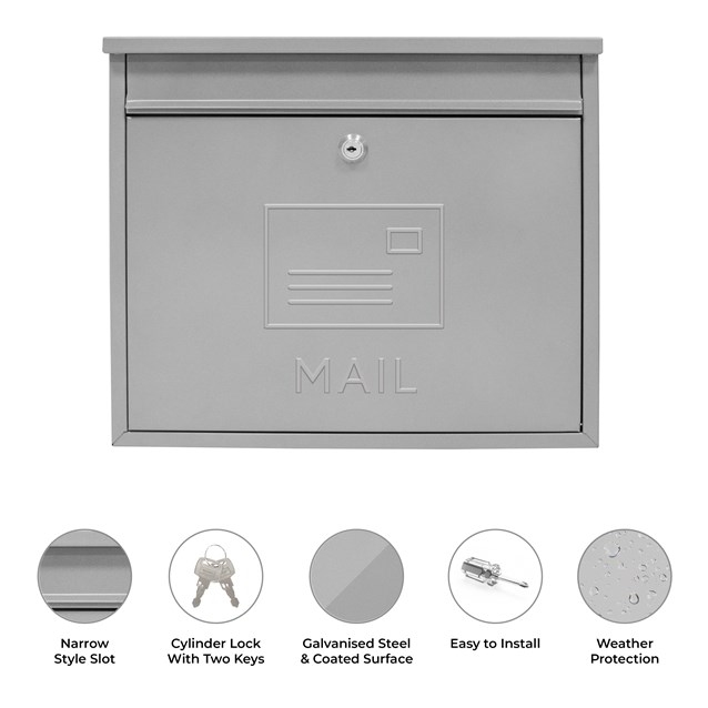 Elegance Wall Galvanised Steel Mail Box-Silver Elegance Wall Galvanised Steel Mail Box-Silver