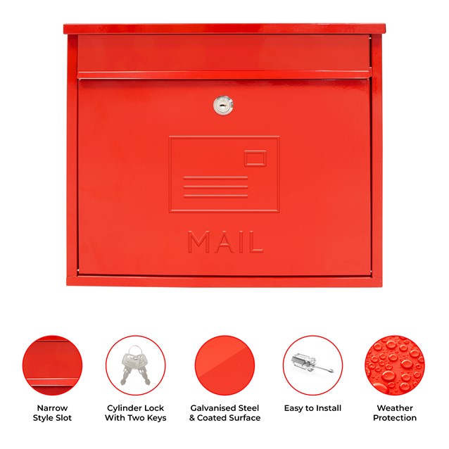 Elegance Wall Galvanised Steel Mail Box-Red Elegance Wall Galvanised Steel Mail Box-Red