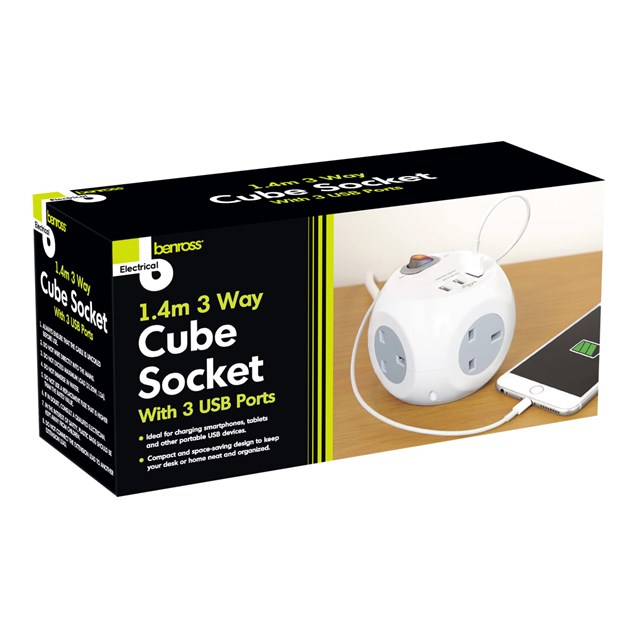 3 Way 1.4M Cube Socket With 3 USB Ports 3 Way 1.4M Cube Socket With 3 USB Ports