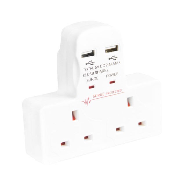 2 Way Wall Adaptor With 2 USB Ports - 2.4A 2 Way Wall Adaptor With 2 USB Ports - 2.4A