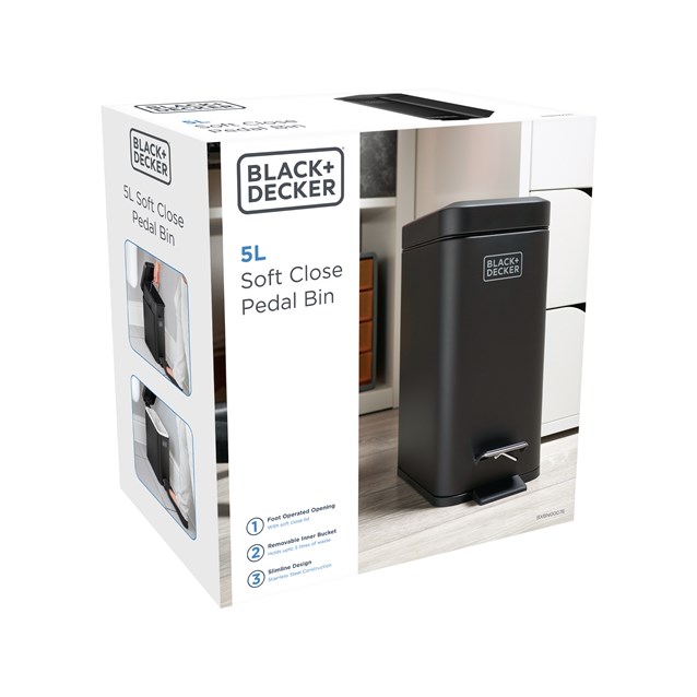 B+D 5L Slimline Soft Close Pedal Bin Matt Black B+D 5L Slimline Soft Close Pedal Bin Matt Black