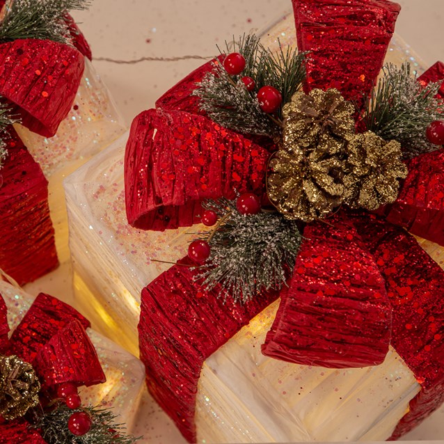 Set Of 3 LED Light Up Gift Box -White with Red Bow
