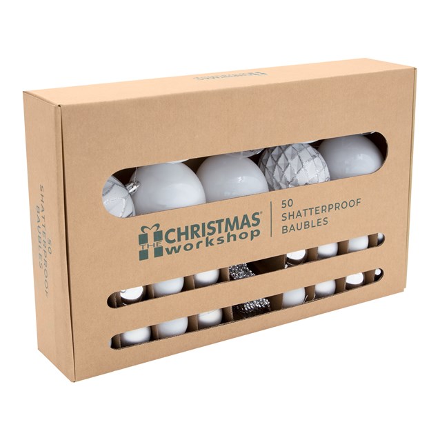 50PK Shatterproof Baubles - White 50PK Shatterproof Baubles - White