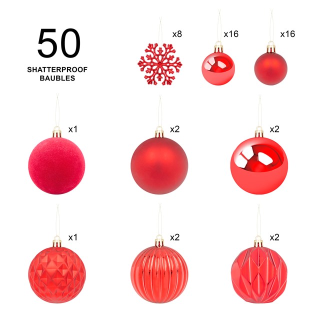 50PK Shatterproof Baubles -Red 50PK Shatterproof Baubles -Red